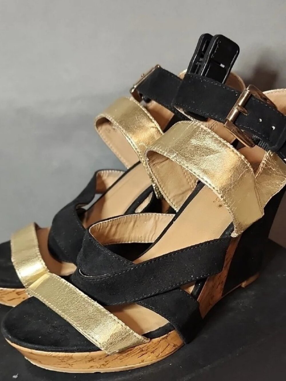 Elegant Black and Gold Women's Wedge Sandals